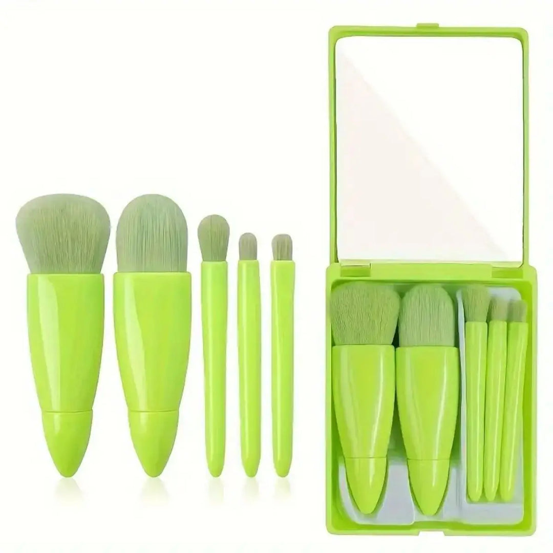 5pcs Mini Makeup Brush Set with Mirror & Case - Soft Synthetic Bristles for Powder, Blush, Eyeshadow | Portable Beauty Tools