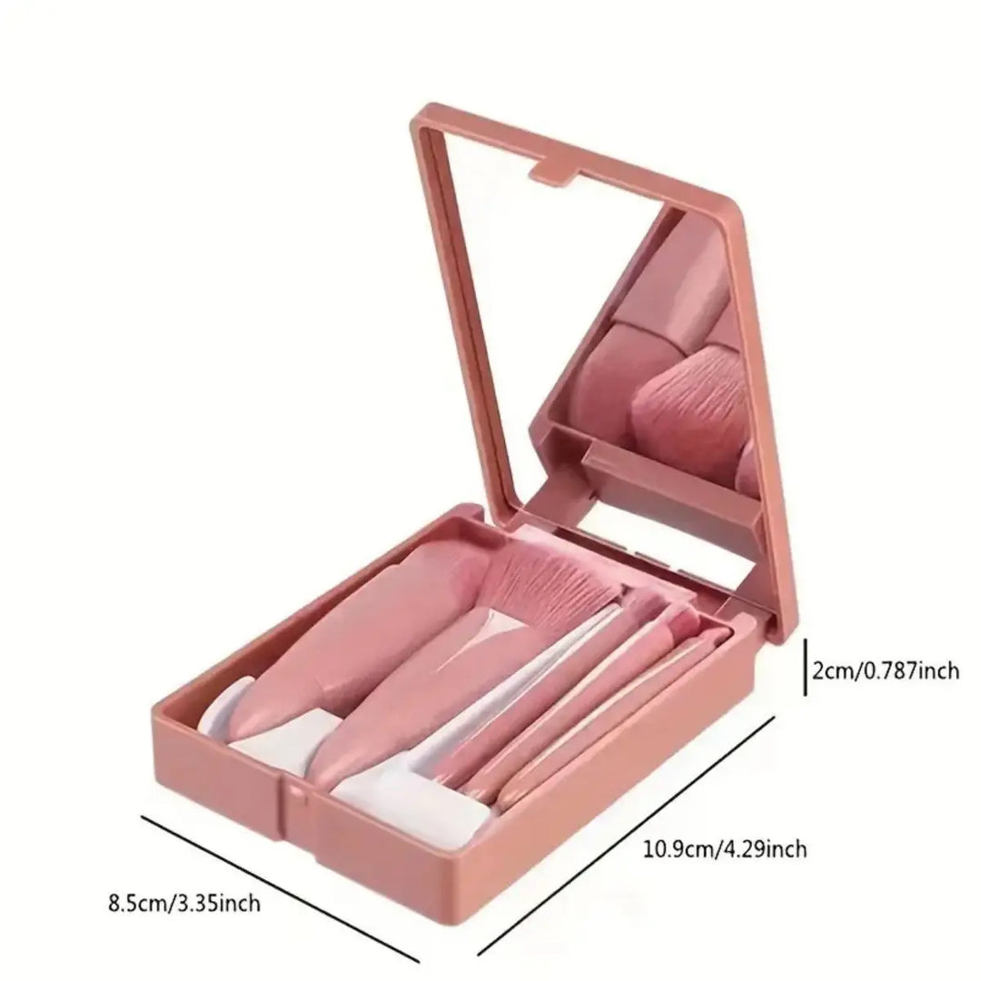 5pcs Mini Makeup Brush Set with Mirror & Case - Soft Synthetic Bristles for Powder, Blush, Eyeshadow | Portable Beauty Tools