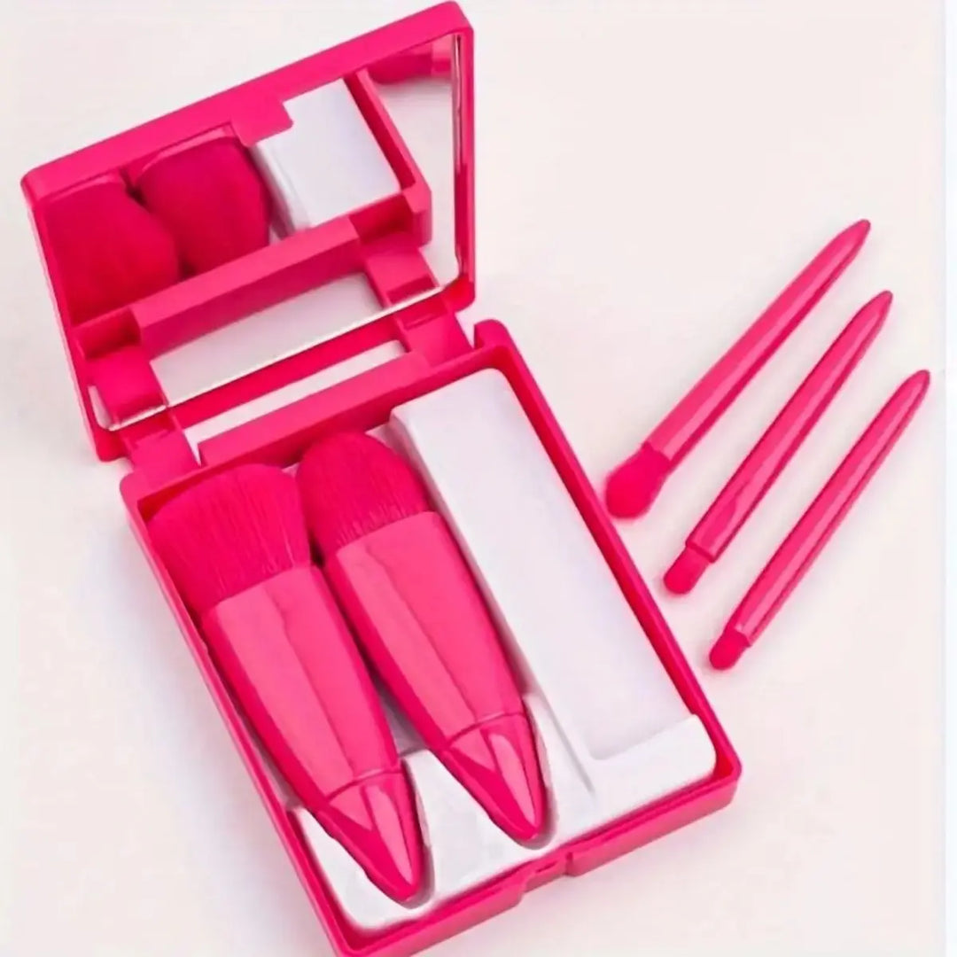 5pcs Mini Makeup Brush Set with Mirror & Case - Soft Synthetic Bristles for Powder, Blush, Eyeshadow | Portable Beauty Tools