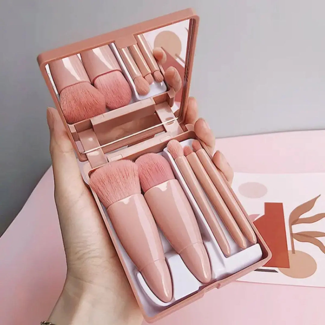 5pcs Mini Makeup Brush Set with Mirror & Case - Soft Synthetic Bristles for Powder, Blush, Eyeshadow | Portable Beauty Tools