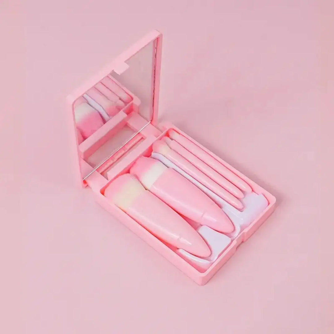 5pcs Mini Makeup Brush Set with Mirror & Case - Soft Synthetic Bristles for Powder, Blush, Eyeshadow | Portable Beauty Tools