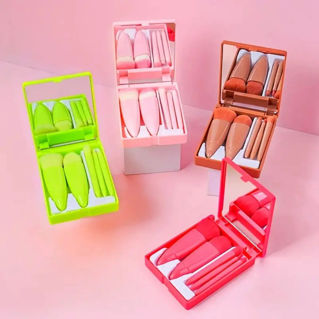 5pcs Mini Makeup Brush Set with Mirror & Case - Soft Synthetic Bristles for Powder, Blush, Eyeshadow | Portable Beauty Tools